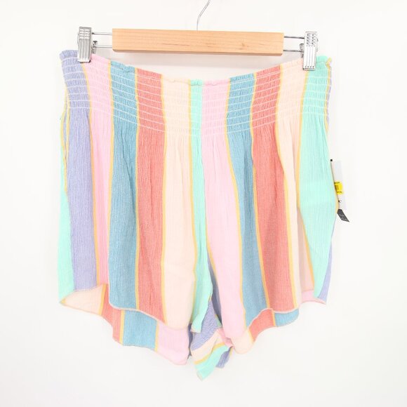 O'Neill Shorts Blue Colorful Striped Smocked Waistband Lightweight High Waisted - Picture 2 of 12